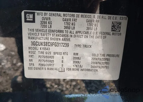 2015 Chevrolet Silverado 1500 1Lz from USA, damaged, VIN 3GCUKSEC9FG317239